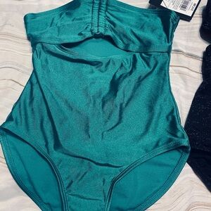 New 2 Art Class 1pc swimsuits Shimmering Green & gold infused black retail $34